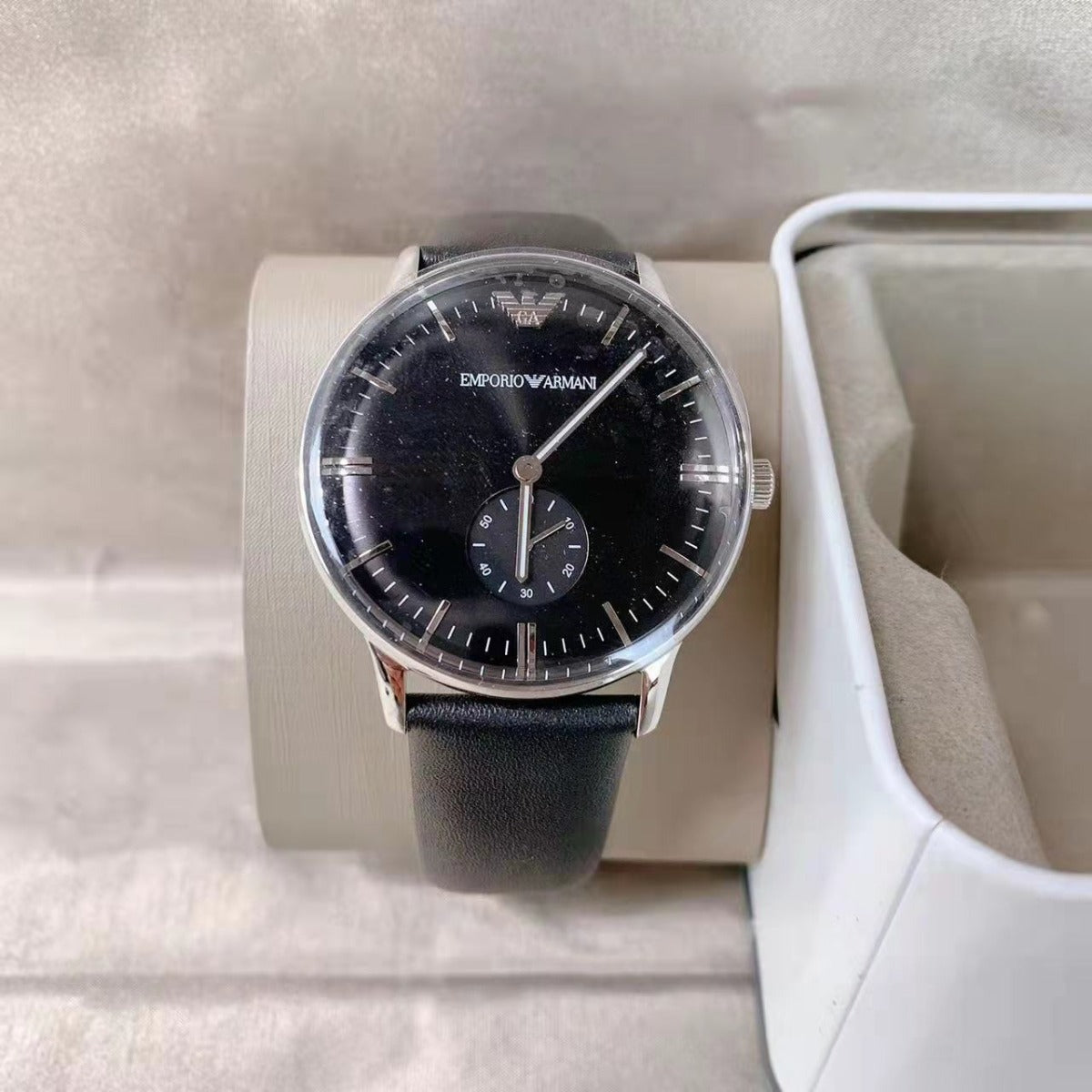 Emporio Armani AR0382 Men's Two-Hand Black Leather Watch Emporio Armani AR0382 Men's Two-Hand Black Leather Watch